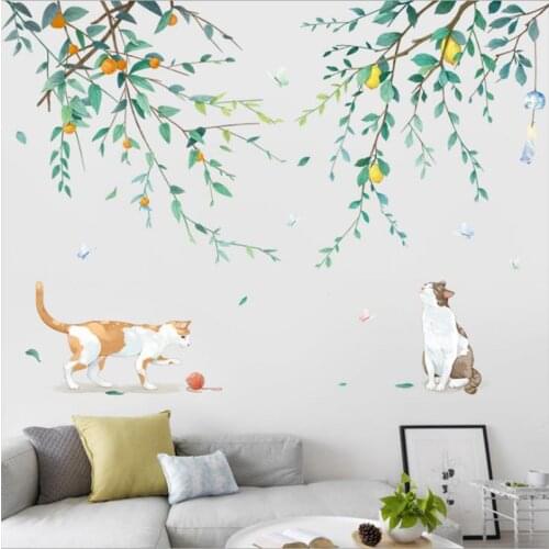 Cartoon Green Tree Cute Kitty Wall Stickers for Kids Bedroom Nursery Room Decoration Home art Decor