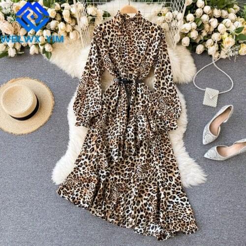 Leopard Dress Women Fashion Print Stand collar Long Sleeve Asymmetry Maxi Dress Female High Waist Loose Vintage A-Line Dresses