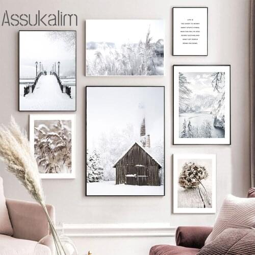 Natural Scenery Canvas Poster Reed Dried Flowers Painting Winter Landscape Wall Art Print Lake Picture Nordic Posters Home Decor