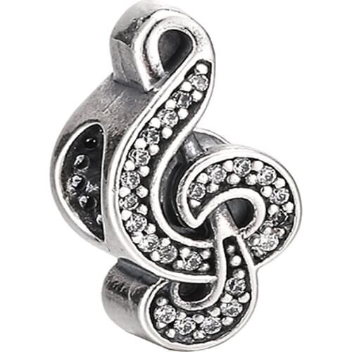 Sweet Music Treble Note Charm for Women Bracelet Bangle Pave Clear CZ Bead Authentic S925 Silver DIY Jewelry