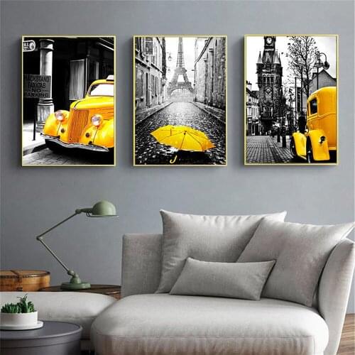Nordic Canvas Painting Retro European City Scenery Picture Home Decor Wall Art Yellow Car Balloon Posters and Prints for Bedroom