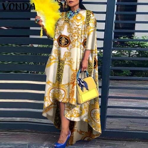 VONDA 2021 Women Dress 3/4 Sleeve Robe Femme Vintage Printed Holiday Party Dress Irregular Hem Long Vestidos Oversized