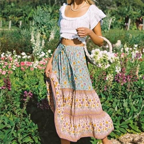 Happie Queens women green floral print ethnic beach Bohemian skirt ladies High Elastic Waist rayon cotton Boho Maxi Skirts