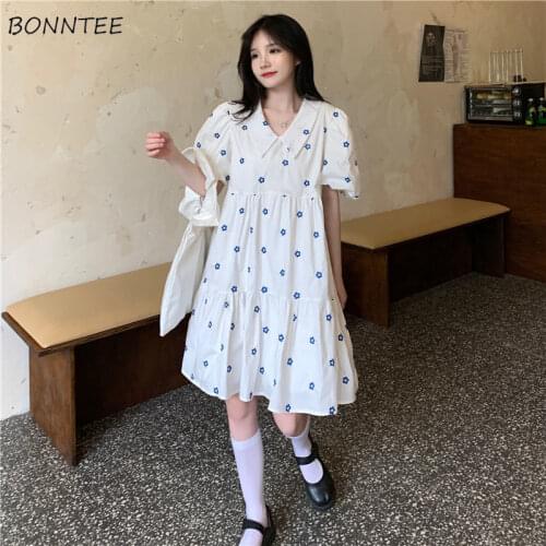 Dresses Women Puff Sleeve Peter Pan Collar Printed Kawaii Sweet Japanese Style Loose College Students Girlish Female Vestidos