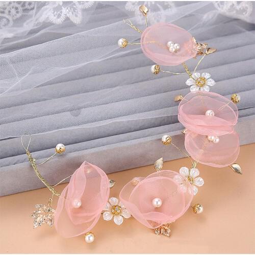 HIMSTORY Fairy Designs Handmade Organza Flower Wedding Headpiece ,Bridal Golden Leaf Pearl Beautiful Headdress Hair Ornaments