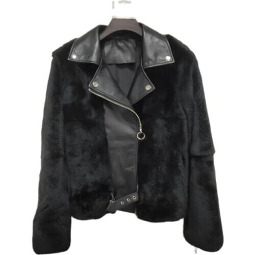 Whole skin natural real Rex fur coat with Genuine Leather clothing womens winter short jacket long-sleeved outerwear coat