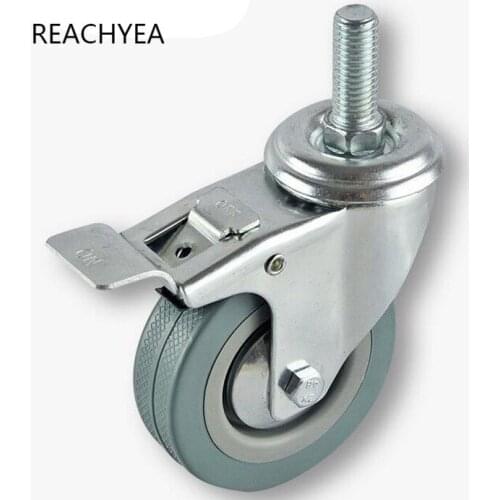 1PCS 3" 75mm x 21mm Diameter Rubber Wheel M8/10/12 x 30mm Threaded Swivel Caster w Brake 360 Degree Rotation