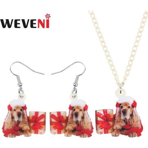WEVENI Acrylic Christmas Hat Cocker Spaniel Dog Gift Box Jewelry Set Necklace Earrings Animal Jewelry For Women Girls Teens Gift