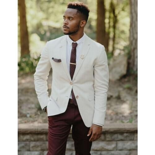 White Suits With Wine Red Pants Groom Wear Wedding Dress Prom Dress Dinner Suits Business Suits Party Suits 2 Piece(Jacket+Pant)