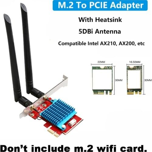 M.2 To PCI Express Wireless Adapter Converter with Heatsink 5DBi Antenna For Intel AX210 AX200 9260 8265 WiFi Bluetooth Card