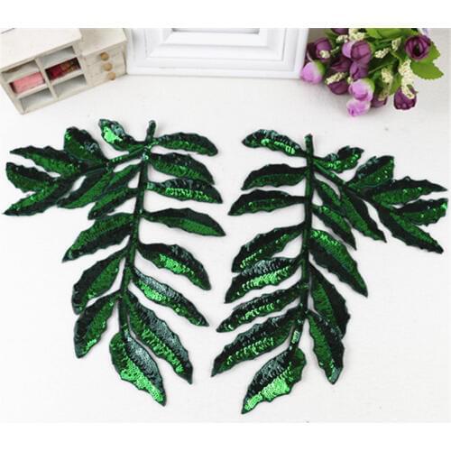 Big size green leaf applique sequins patches embroidered badge fabric patches for clothing accessories iron stickers for clothes