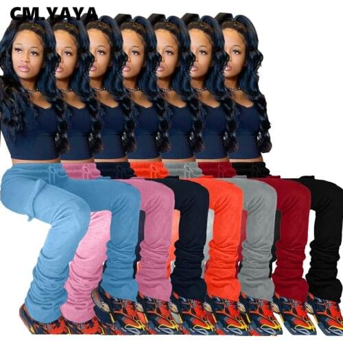 CM.YAYA Streetwear Women Stacked Ruched Pants High Waist Safari Pleated Bellbottom Trousers Activewear Lantern Jogger Sweatpants