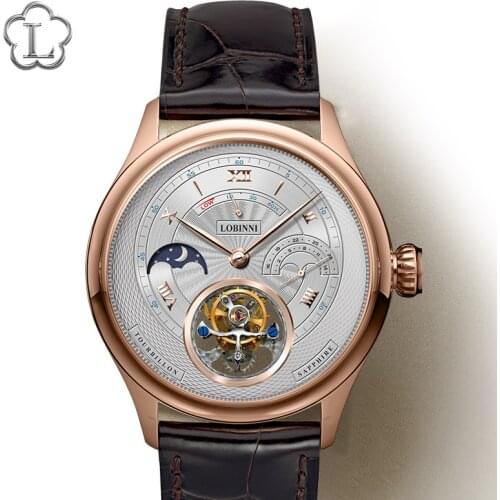 LOBINNI Switzerland Brand Tourbillon Mechanical Men Wristwatches Leather Strap Skeleton Male Watch Waterproof 50M Male clock