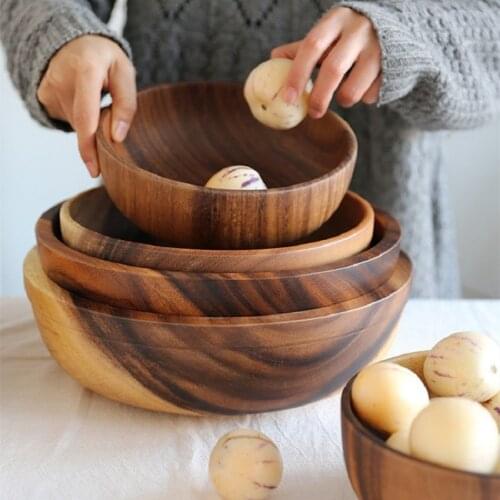 Japanese-style flat-bottomed Acacia wooden bowl, wooden hotel restaurant kitchen tableware, salad bowl, whole wooden soup bowl