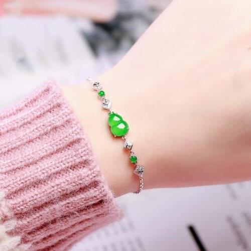 Designer original silver inlaid natural chalcedony full green gourd bracelet elegant charm creative retro female silver jewelry