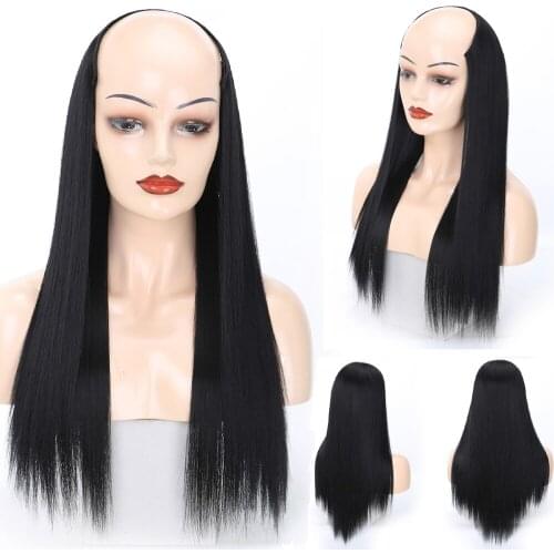 Long Straight Half Wigs Clip in U Part Human Hair Extensions High Temperature Fiber Headbang Wig Ombre Color Synthetic Hair 26