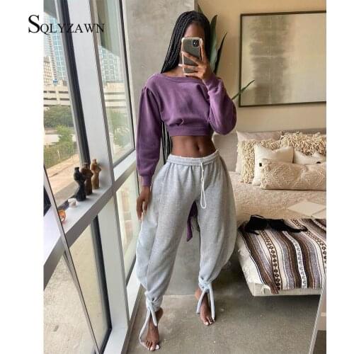 Cool Girl Streetwear Gray Sweatpants for Women Drawstring Casual Bandage Loose Chic Track Pants Winter Thick Warm Capri Trousers