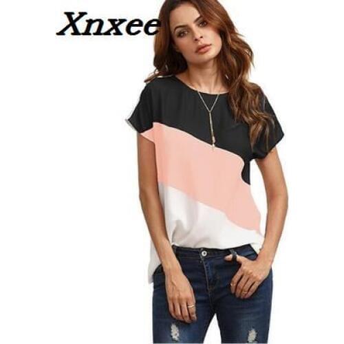 Summer chiffon shirt casual T-shirt women three colors patchwork tops O-neck short sleeves female tops fashion clothing Xnxee