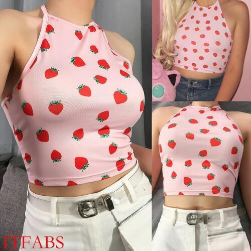 Summer Ladies Strawberry Print Sexy Vest Top Casual Sleeveless Vest Top Vacation stretch Bodysuit BOHO