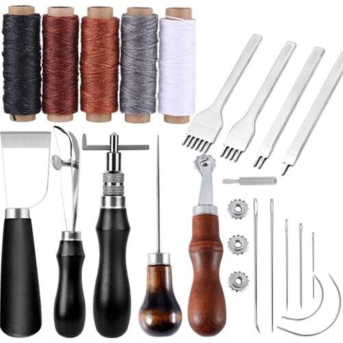 LMDZ 21Pcs Leather Repair Sewing Kit Leather Waxed Thread Leather Needle and Stitching Hole Punch Leather Groover for Beginner