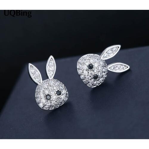 Fashion Plata 925 Sterling Silver Rhinestone Crystal Rabbit Stud Earrings Jewelry Pendientes de Plata Brincos