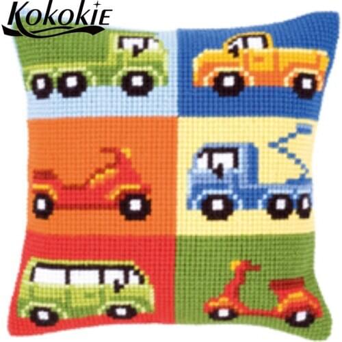 Handmade embroidery cushion cover kits cross stitch cartoon car printed thread throw pillowcase cotton embroider needlework kits