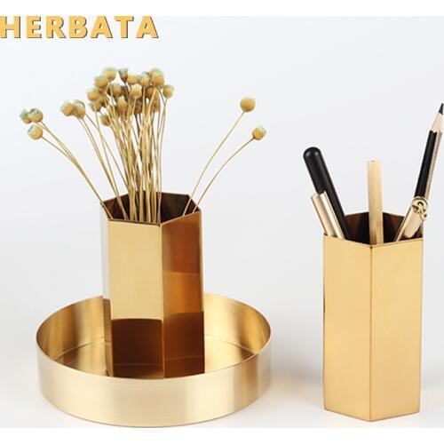 Pen Pencil Holder Gold Hexagonal Multifunction Desk Organizer Container Stainless Steel Desktop Storage for Home Office CL-2565