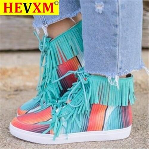 2020 New High-top Canvas Shoes Round Toe Flat Tassel Boots Fabric Multicolor Lace-up Womens Shoes Zapatillas Mujer Feminino