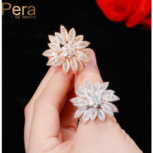 Pera Dazzling Full Paved CZ Stone 3D Geometric Flower Shape Gold Big Wedding Engagement Party Rings for Brides Jewelry Gift R118