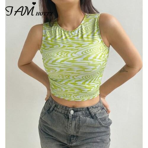 Casual Vintage y2k Ripples Printed Tank Top Women Summer Sleeveless Sport Fitness Camisole Fashion Vest Outfit 2021 90s Iamhotty