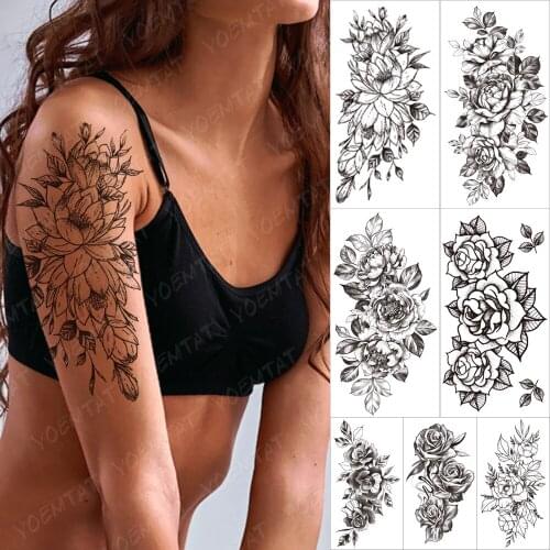 Realistic Flower Waterproof Temporary Tattoo Stickers 3D Rose Lotus Line Jasmine Floral Tatto Body Art Fake Tattoos Women
