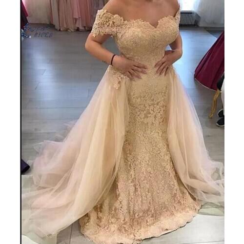 Silver Off Shoulder Lace Evening Dresses 2021 With Detachable Train Appliques Long Mermaid Evening Gowns Plus Size Abendkleider