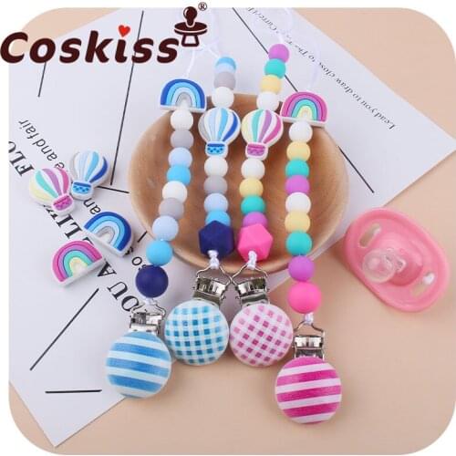 Coskiss Silicone Rainbow Bead Teether Pacifier Clips Holder For Nipple Hot Air Balloon Newborn Baby Dummy Feeding Holder