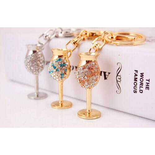 Rhinestone Wine Glass Cup Cool Goblet Keychain Keyring for Car Chram Key Holder Crystal Bag Buckle Pendant Gift