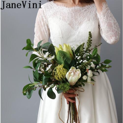 JaneVini Vintage Green Leave Bride Bouquet Artificial Bunch of Flowers for Wedding Bridal Bouquets Bridesmaid Hand Accessories