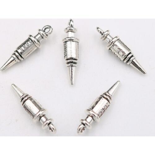 WKOUD 10pcs Silver Color Medical Tool Charm 3D Retro Syringe DIY Earring Bracelet Jewelry Metal Pendant 25 * 7mm A139