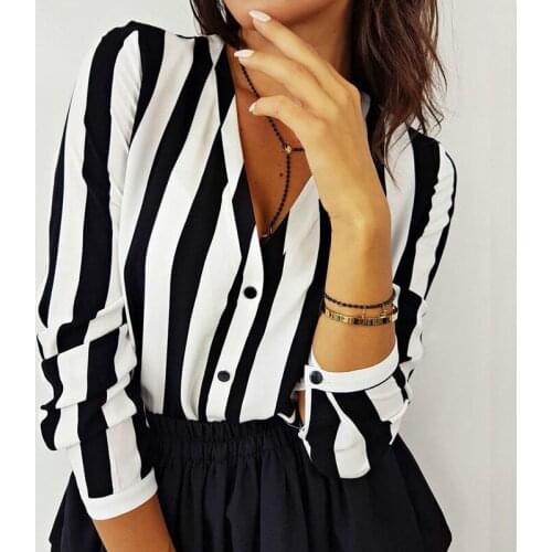 2019 Fashion V Neck Shirts Blouse Women Long Sleeve Stripe Career Shirt Summer Loose Female Tops Blouses Elegant