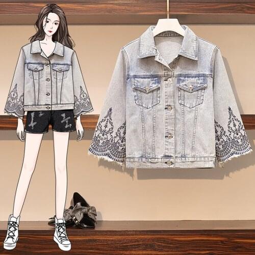 Demin Coats And Jackets Women 2020 Fall Plus Size Vintage Embroidery Long Sleeve Loose Outwear Light Blue Washed Jean Clothing