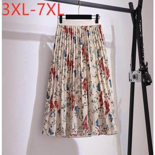 New 2021 Ladies Summer Plus Size Midi Skirt For Women Large Loose A-line Floral Print Flower Pleated Skirts 3XL 4XL 5XL 6XL 7XL