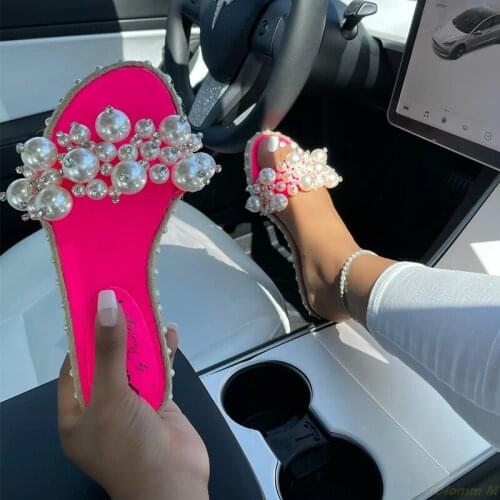 Hot Sale Bohemian Pearl Slippers Flat Bottom Women Sandals Summer Open Toe Ladies Shoes Crystal Flip Flops Shoes Chaussure Femme