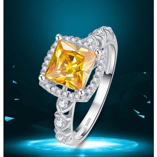 J.C Princess Cut Citrine & White Topaz 925 Sterling Silver Ring Size 6 7 8 9 Women Cocktail Party Jewelry Gift