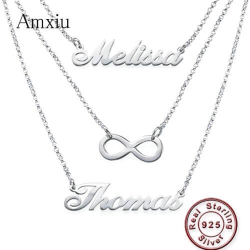 Amxiu Customized 925 Sterling Silver Necklace DIY Three Name Necklace Personalized Three Pieces Necklaces For Women Jewelry Gift