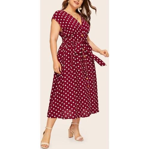 Womens Casual Plus Size V-neck Sleeveless Polka Dot Printed Button Belt Dress Vestido Largo Verano Mujer Sukienka Maxi#40