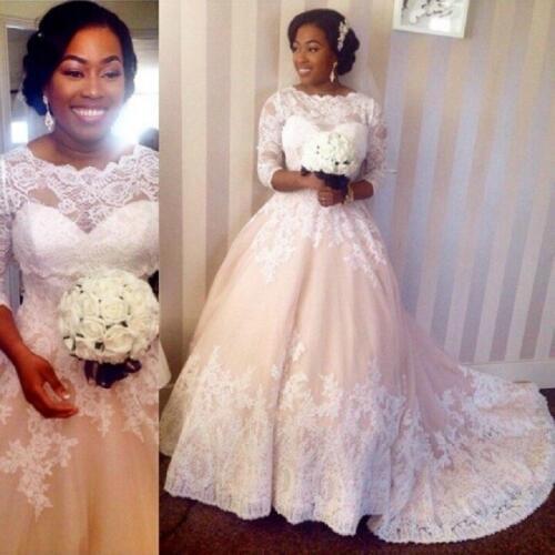 Plus Size African Wedding Dress with 3/4 Sleeve White Ivory Champagne Ball Gown casamento vestido de novia Court Train