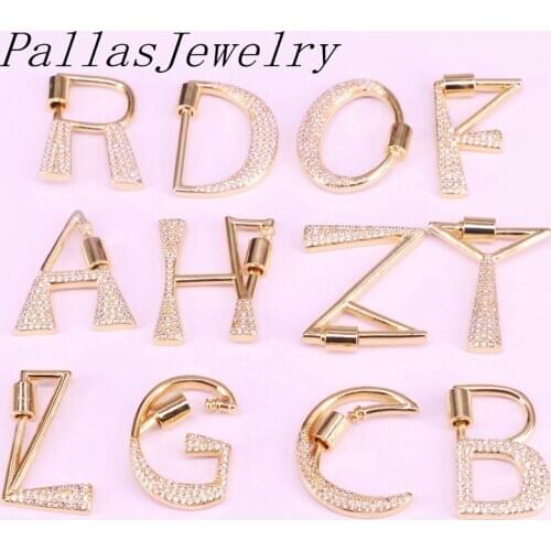 Hot 10Pcs Initials Letter Charm Clasp, CZ Micro Pave Letter Pendant, Metal Gold, Fashion Connector Lock Clasp