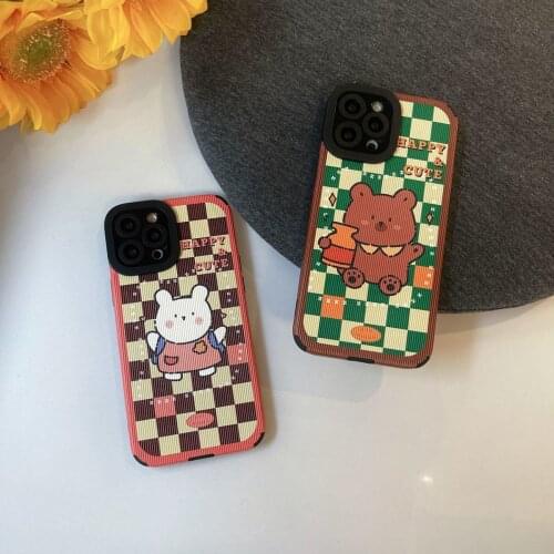 OEING Embroidery Grid Phone Case For Iphone 12 Pro Max Mini 11 7 8 Plus X XS Max XR SE Bear Case Cover Full Lens Protection