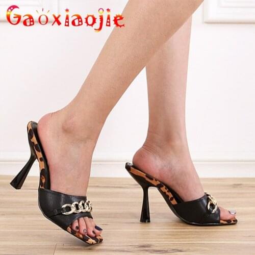 Black Leopard Print Square Toe Women Slippers 2021 New Metal Chain Decoration Stiletto Shoes Summer 9.5CM Super High Heel Sandal