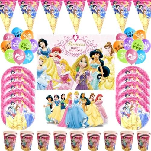 Disney Six Princess Girls Birthday Party Decoration Tablecloth Event Party Flag Family Party Plate Napkin Disposable Tableware