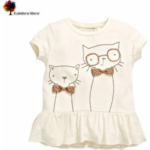 Little Maven Brand New Summer Girls Gentlemen Cartoon Cats Short Sleeve O-neck Lotus Leaf Ege Knitted Cotton Causal TShirt