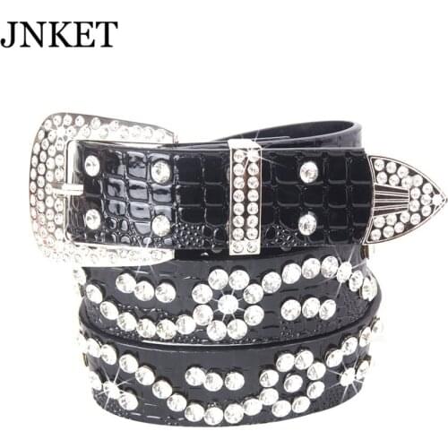 JNKET New Casual All-match Leather Belt Female Fashion Needle Buckle Full Diamond Decorative Jeans Belt